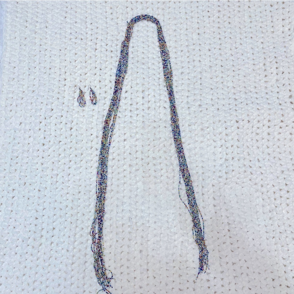 African Jewelry LOOONG Necklace Earrings Artisan Kenyan Set Rainbow Beaded RARE! - Picture 2 of 8